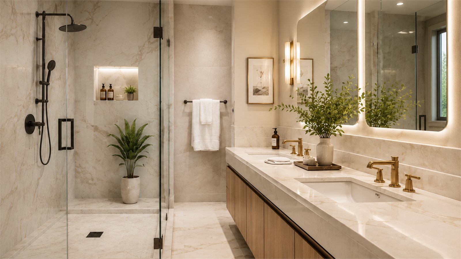 Modern primary bathroom with floating wood vanity, framed mirror and glass walk-in shower in a St. Johns, FL home