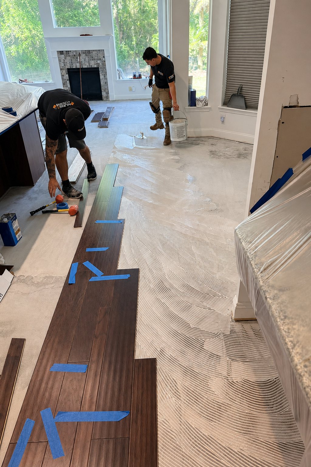 Glue-down hardwood floor installation in Jacksonville, FL by the Nunes 4 Flooring crew