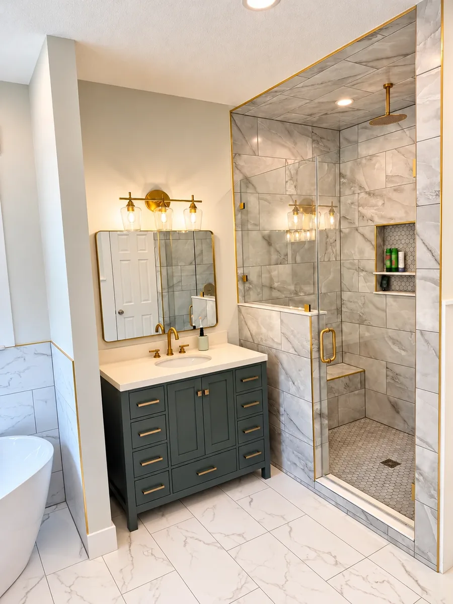 After: walk-in shower with marble-look porcelain tile, frameless glass and gold trim in a remodeled St. Johns master bathroom