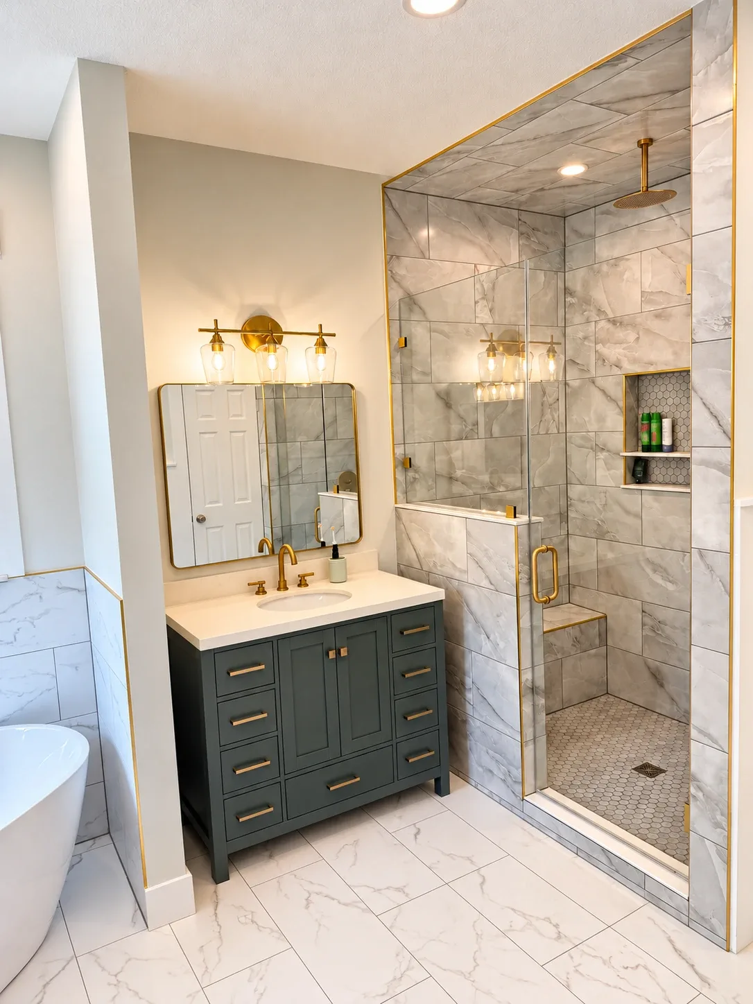 Remodeled master bathroom with green vanity, gold fixtures, freestanding tub and tiled walk-in shower, St. Johns FL