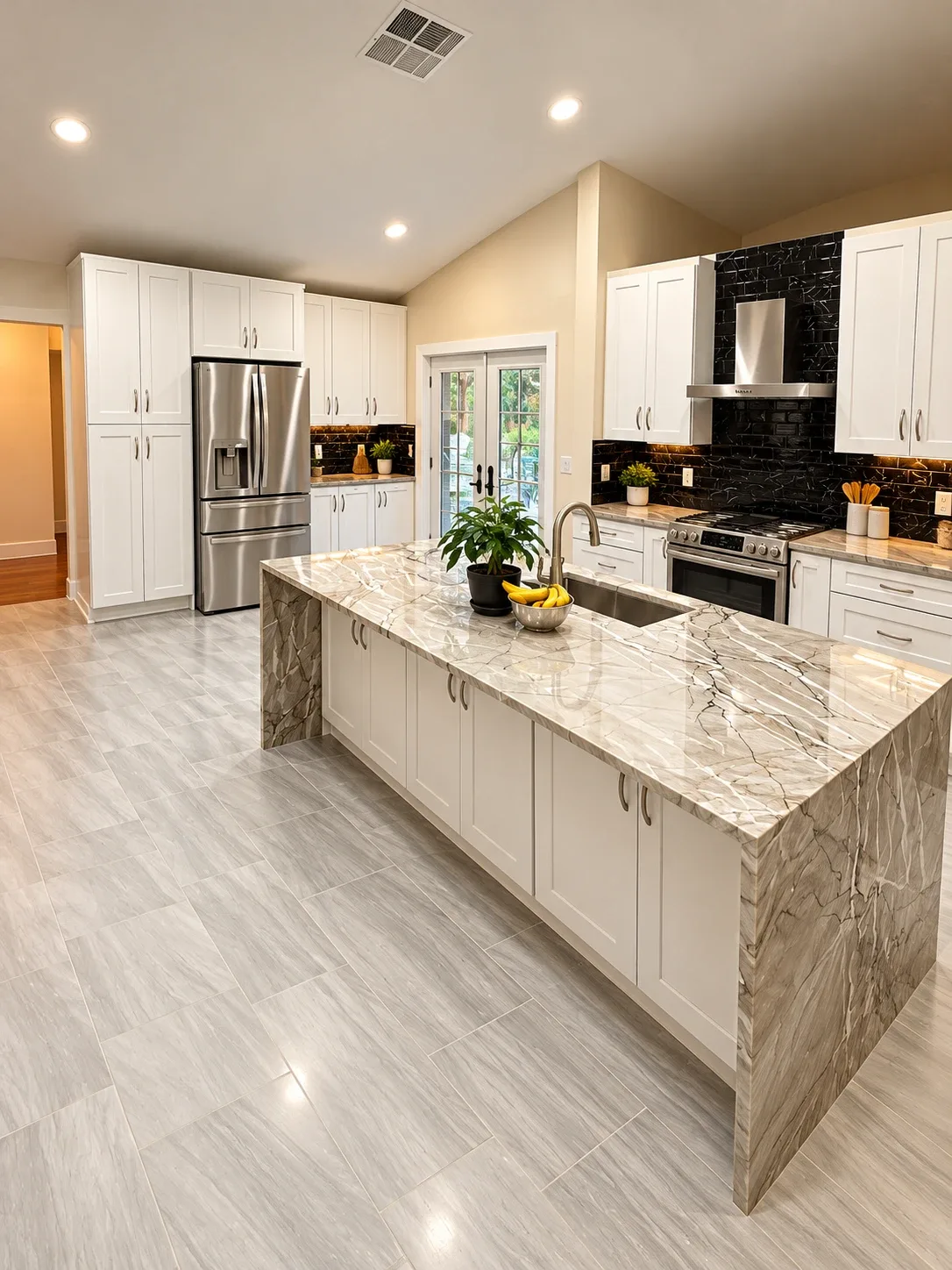 Open kitchen with white shaker cabinets, black marble backsplash, quartzite island and large-format porcelain tile flooring, Avondale Jacksonville FL