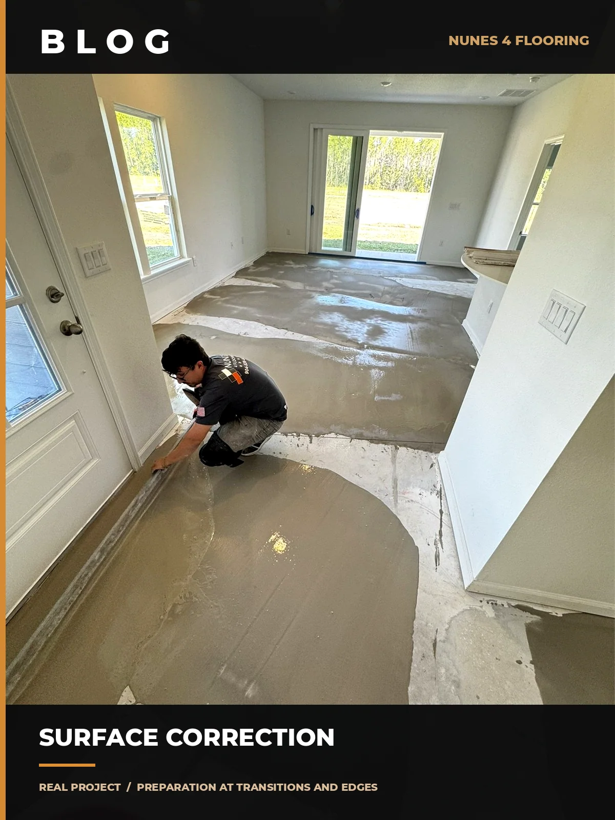 Nunes 4 Flooring installer working on leveling material at a residential doorway