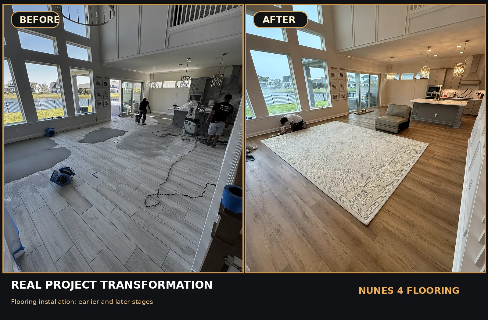 Real N4F flooring project photographed in the same living space at earlier and later stages