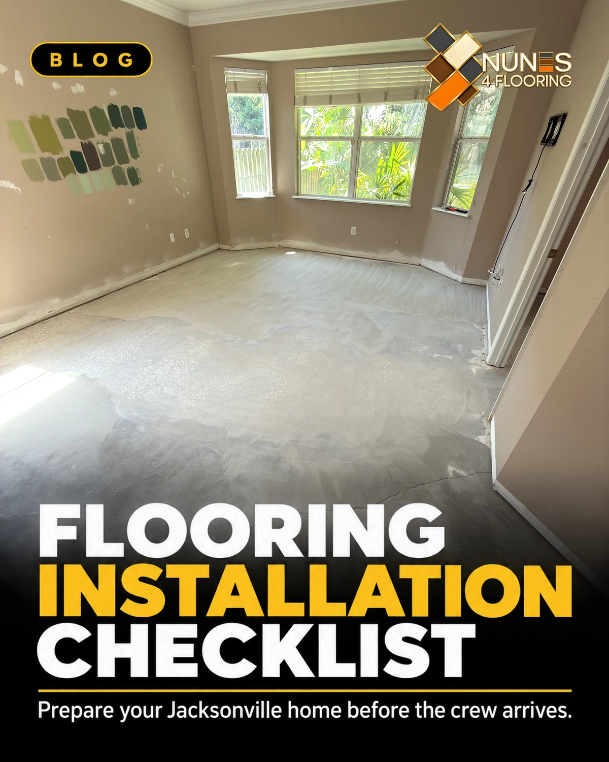 Cleared room with an exposed substrate and bay windows, illustrating how to prepare for flooring installation