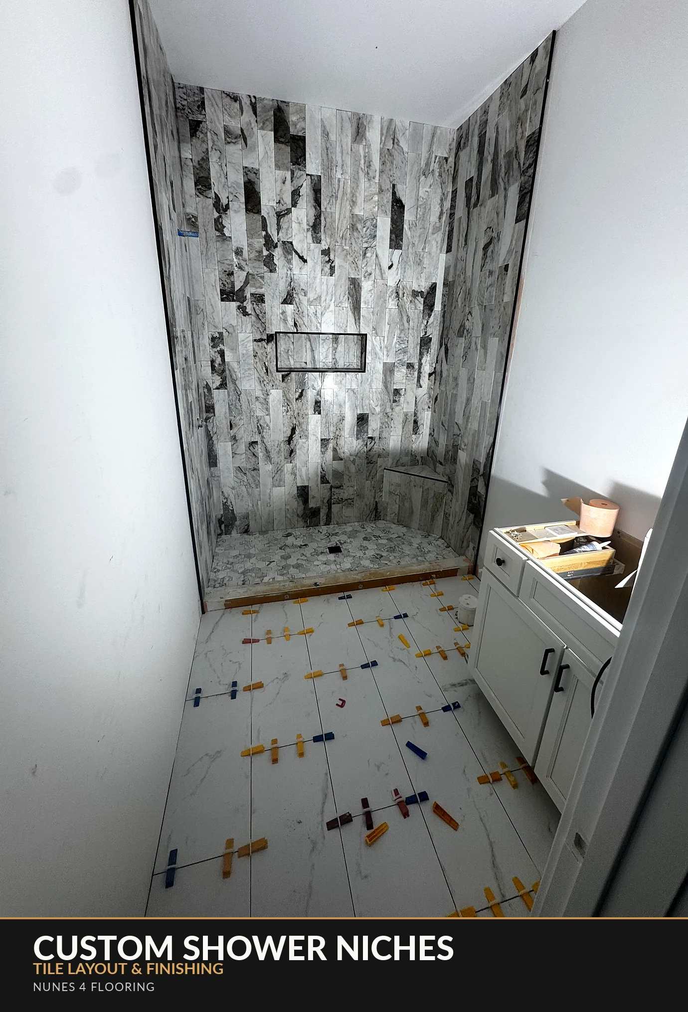 Nunes 4 Flooring recessed shower niche with premium editorial photo design
