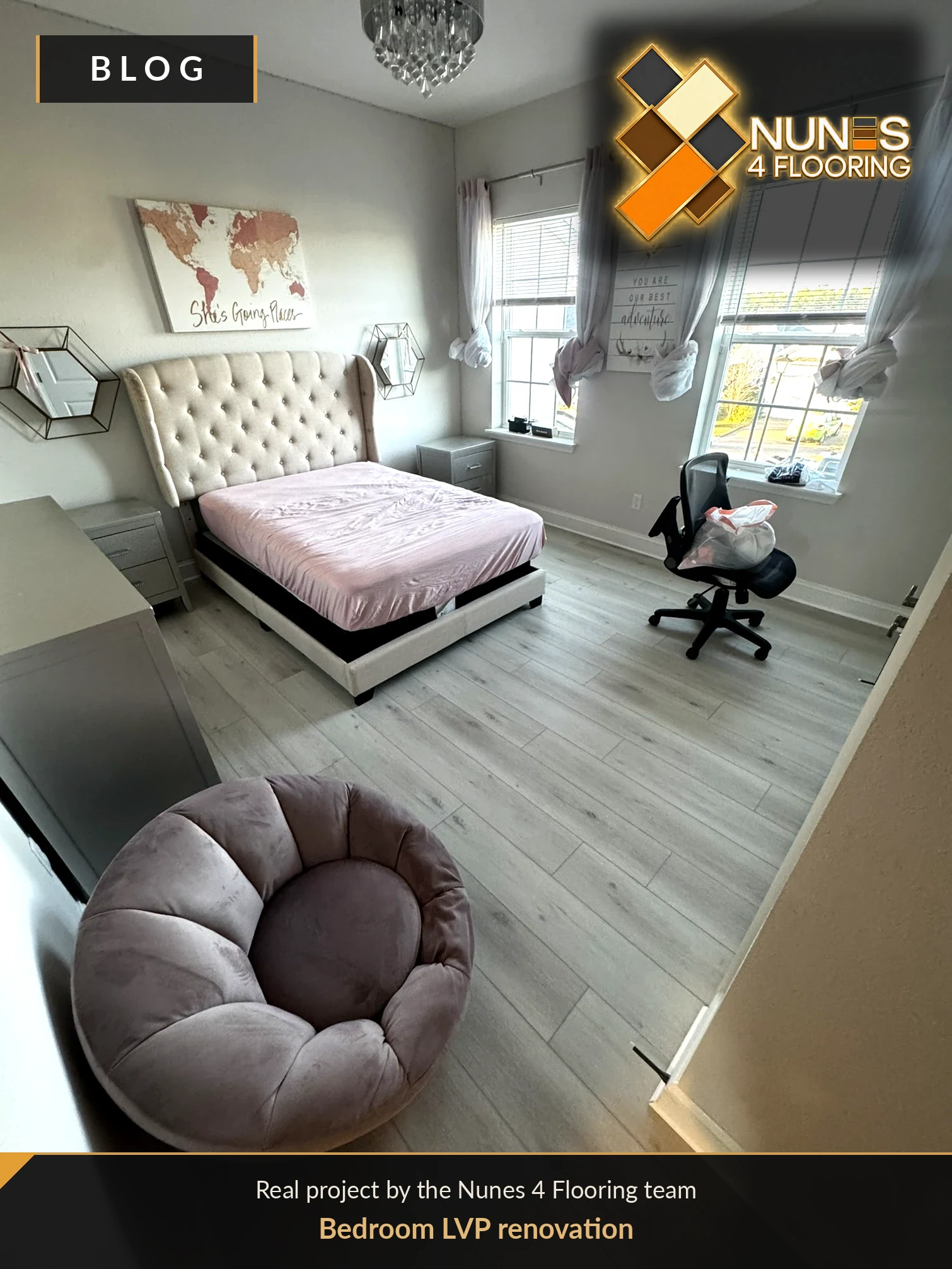 Actual Nunes 4 Flooring bedroom project with neutral wood-look vinyl planks, furnishings and natural daylight.