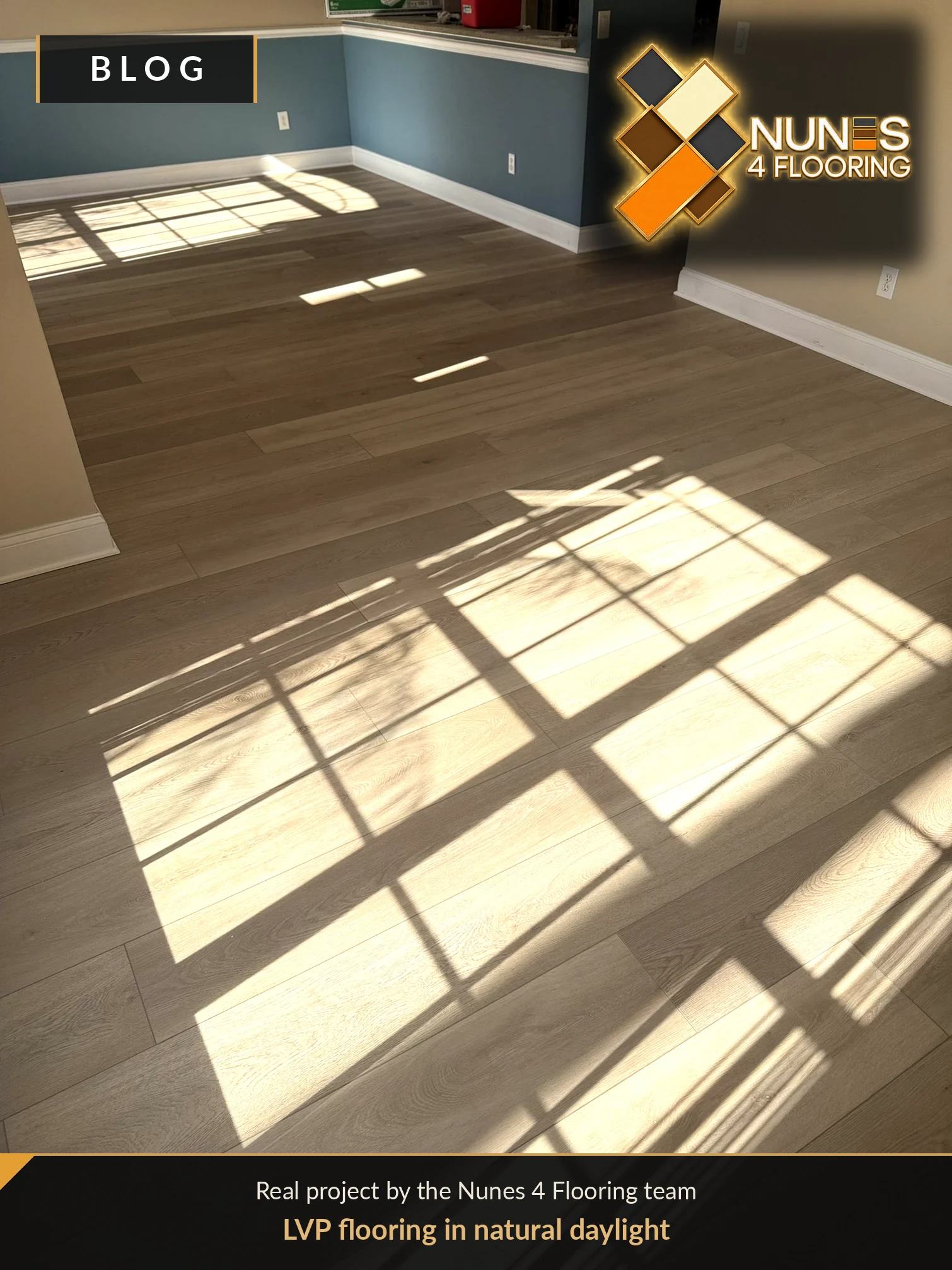 Sunlight across a completed wood-look flooring installation in a Nunes 4 Flooring living area.