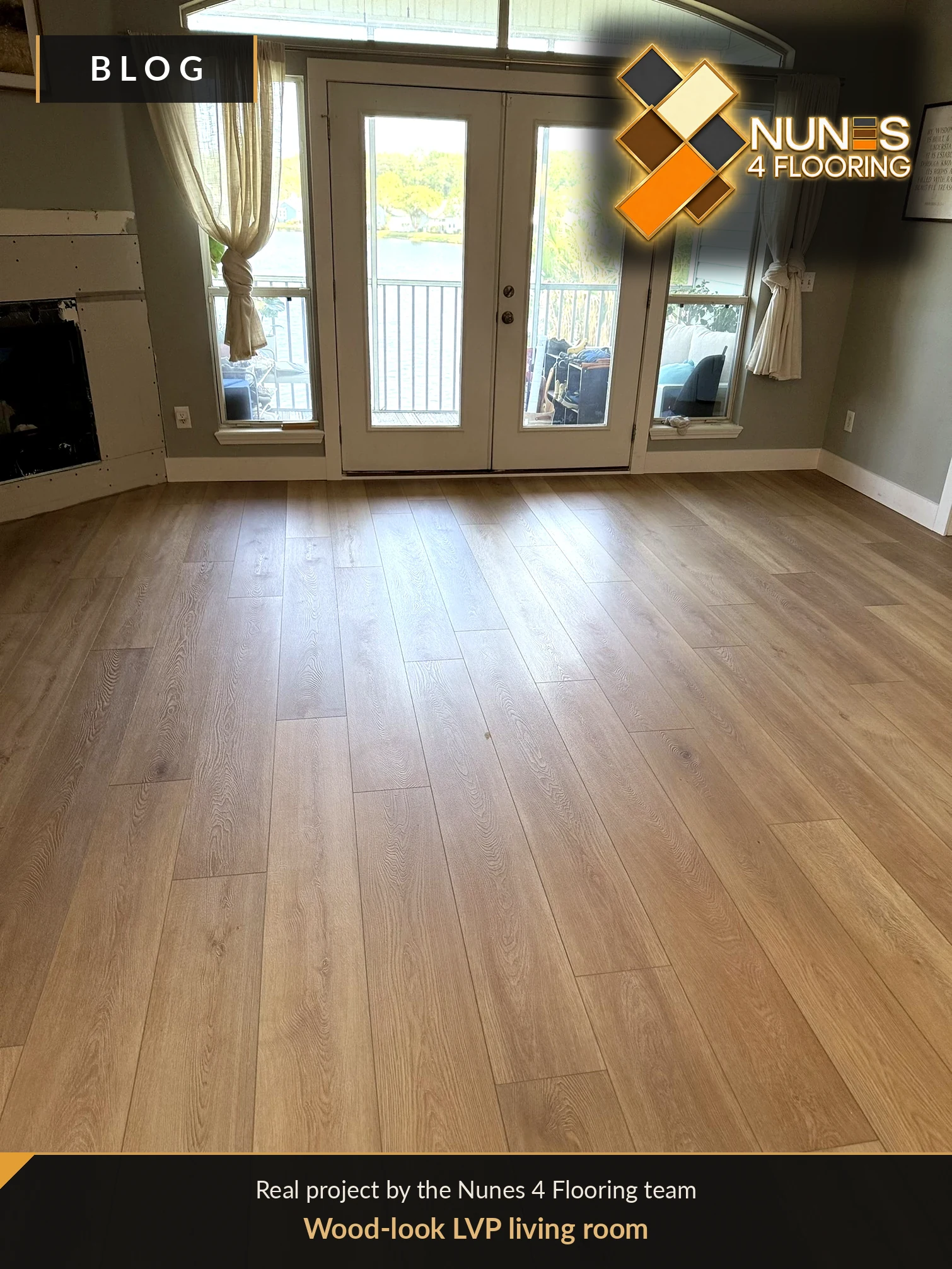 Real Nunes 4 Flooring luxury vinyl plank installation in a bright living room with glass doors and wood-look planks.